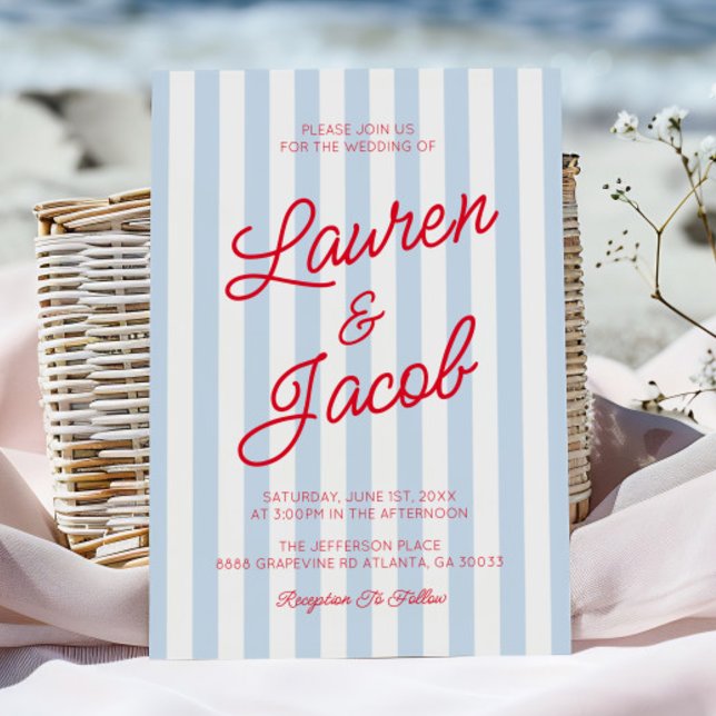 Modern Minimalist Coastal Red Blue Stripes Wedding Inbjudningar (Skapare uppladdad)