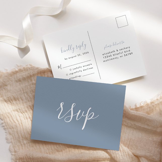 Modern minimalist dammblå bröllops-RSVP Vykort (Skapare uppladdad)