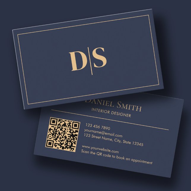 Modern Minimalist Dark Blue Initials QR Code Visitkort (Modern Minimalist Business Card Initial Dark Blue)