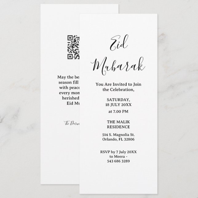 Modern Minimalist Eid Mubarak Invitation | QR Code Inbjudningar (Fram/baksida)