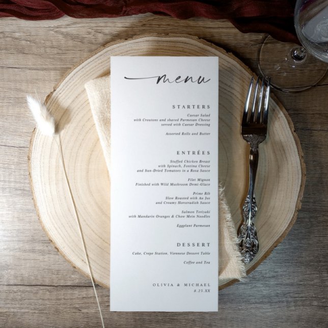 Modern Minimalist Elegant Black and White Wedding Meny (Black and white modern minimalist wedding menu with elegant handwritten script typography)