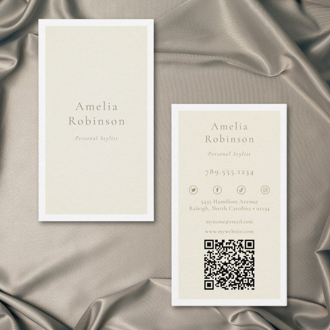 Modern Minimalist Elegant Elfenben Krämfärgad Prof Visitkort (Modern Minimal Elegant Ivory Cream Professional QR Business Card)