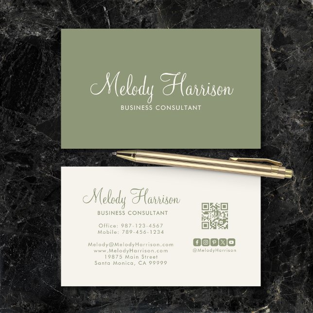 Modern Minimalist Elegant Sage Green QR Code Visitkort (Modern Minimalist Elegant Sage Green QR Code Business Card with Social Media Icons on the Back.)