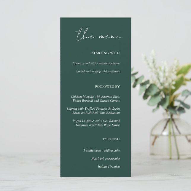 Modern minimalist Emerald Grönt Bröllop Menu Meny (Stående Fram)