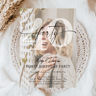 Modern Minimalist FORTY 40th Birthday Party Photo Inbjudningar