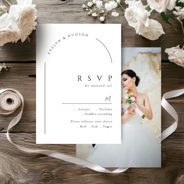 Modern minimalist foto-båge bröllop OSA kort (Modern Script Minimalist Photo Arch Wedding RSVP Card)