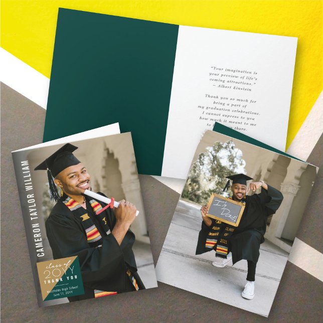Modern minimalist fyrkantig delad examensfoto tack kort (Modern Minimalist Split Green/Gold Square Photo Graduation Thank You Card @ zazzle.com/color_therapy)