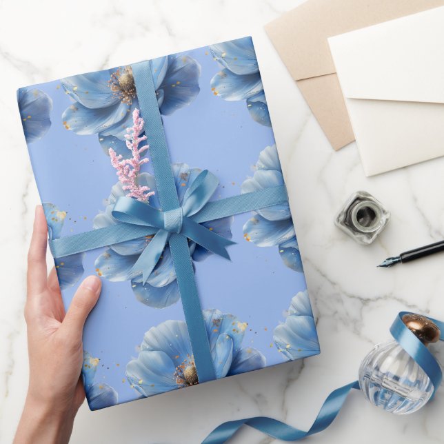Modern Minimalist Gold and Blue Poppy  Presentpapper (Gifting)