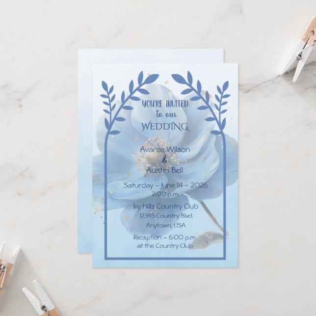 Modern Minimalist Gold and Blue Poppy Wedding   Inbjudningar (Fram/Back In Situ)