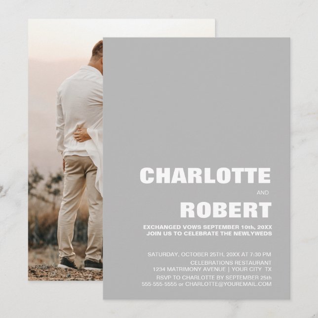 Modern minimalist grå bröllopsmottagning inbjudningar (Fram/baksida)