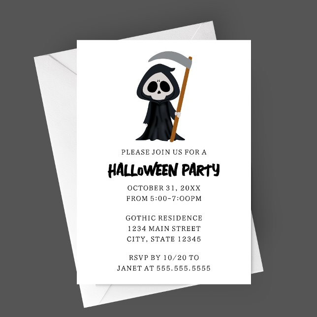 Modern Minimalist Grim Reaper Halloween fest Inbjudningar (Minimalist Modern Grim Reaper Halloween Party Invitation)