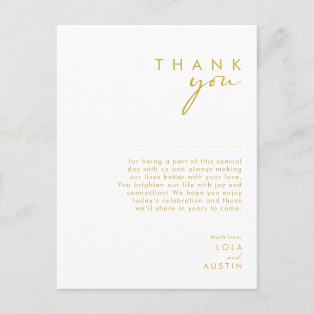 Modern minimalist guld font tackkort vykort (Framsida)