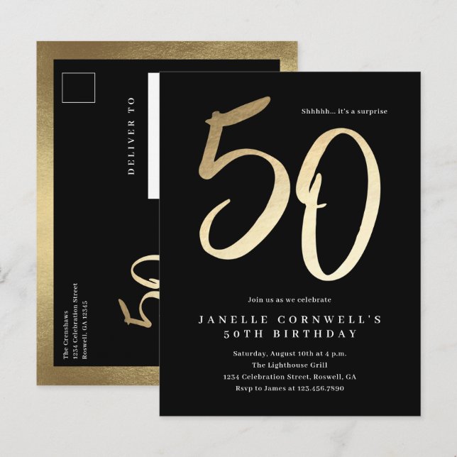 Modern minimalist guldtyp 50-årsdag inbjudan vykort (Fram/baksida)