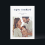 Modern Minimalist Hanukkah Photo Letter Message Julkort<br><div class="desc">This Hanukkah card features a clean, modern layout with a full photo on the front and space for a longer message on the back. The soft navy lettering and simple white borders create a calm, elegant feel that highlights the family photo. Its minimal style works beautifully for sharing updates, sending...</div>