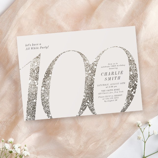 Modern minimalist hela party 100-årsdagen inbjudningar (Modern minimalist all white party 100th birthday invitation)
