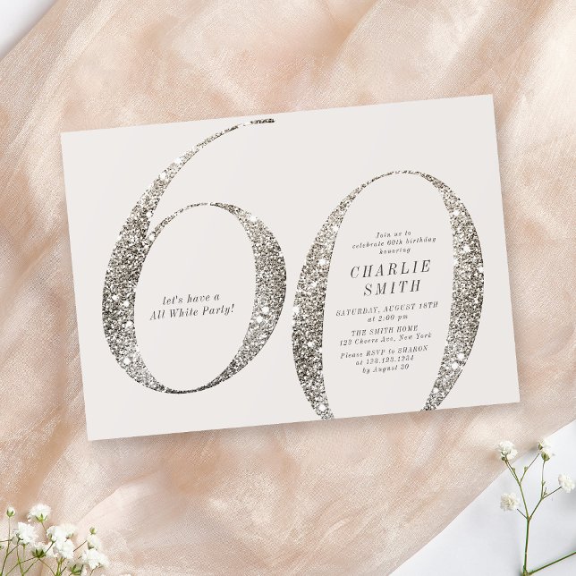 Modern minimalist, hela vita party 60-årsdagen inbjudningar (Modern minimalist all white party 60th birthday invitation)