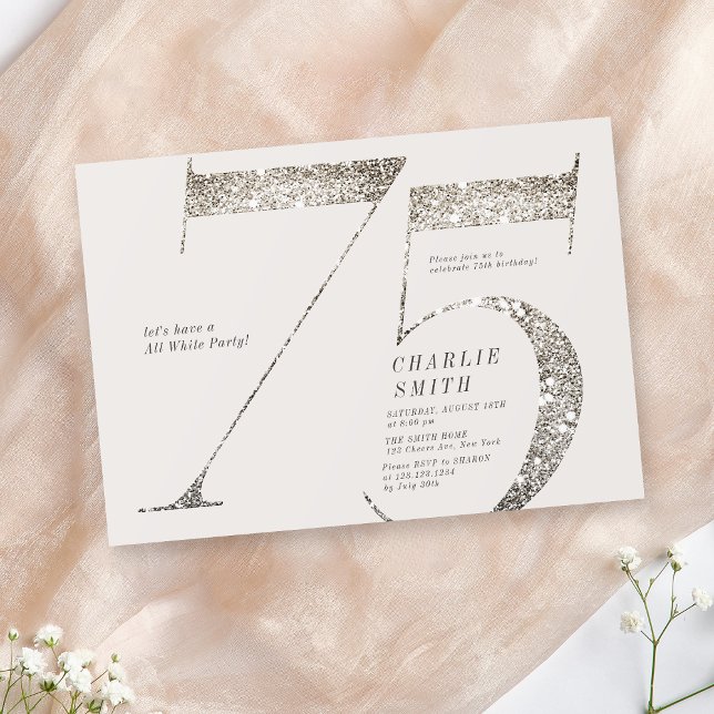 Modern minimalist hela vita party 75:e födelsedag inbjudningar (Modern minimalist all white party 75th birthday invitation)