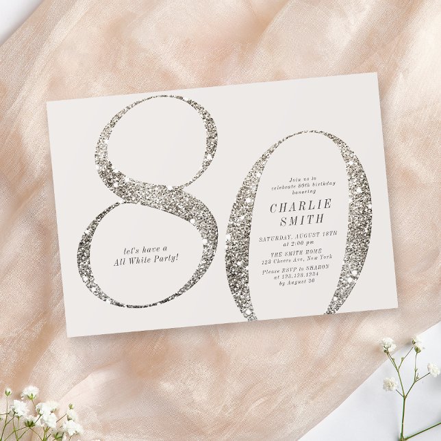 Modern minimalist, hela vita party 80-årsdagen inbjudningar (Modern minimalist all white party 80th birthday invitation)