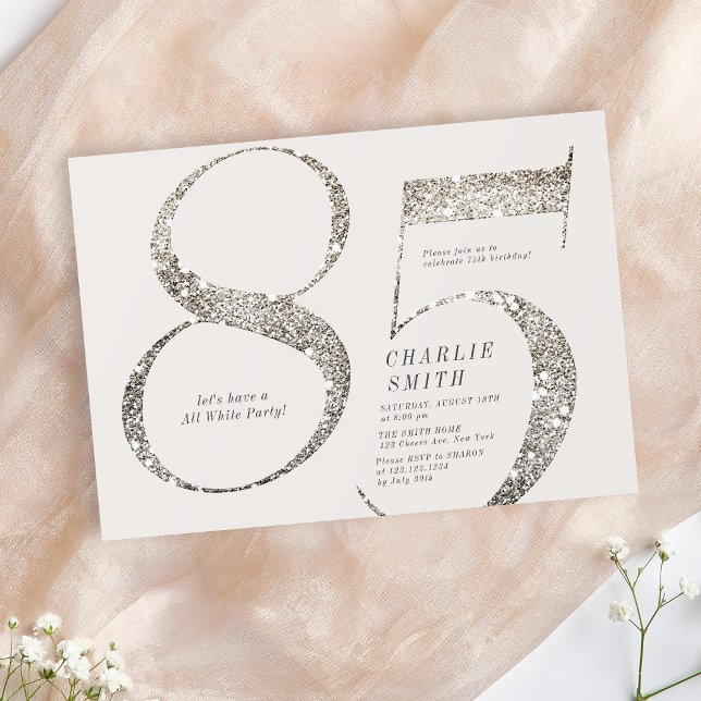 Modern minimalist, hela vita party 85-årsdagen inbjudningar (Modern minimalist all white party 85th birthday invitation)