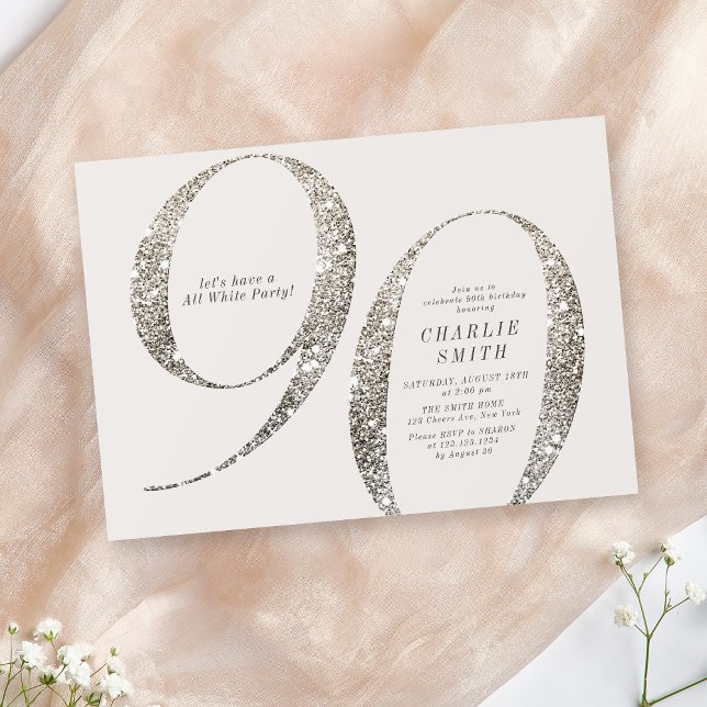 Modern minimalist hela vita party 90:e födelsedag inbjudningar (Modern minimalist all white party 90th birthday invitation)
