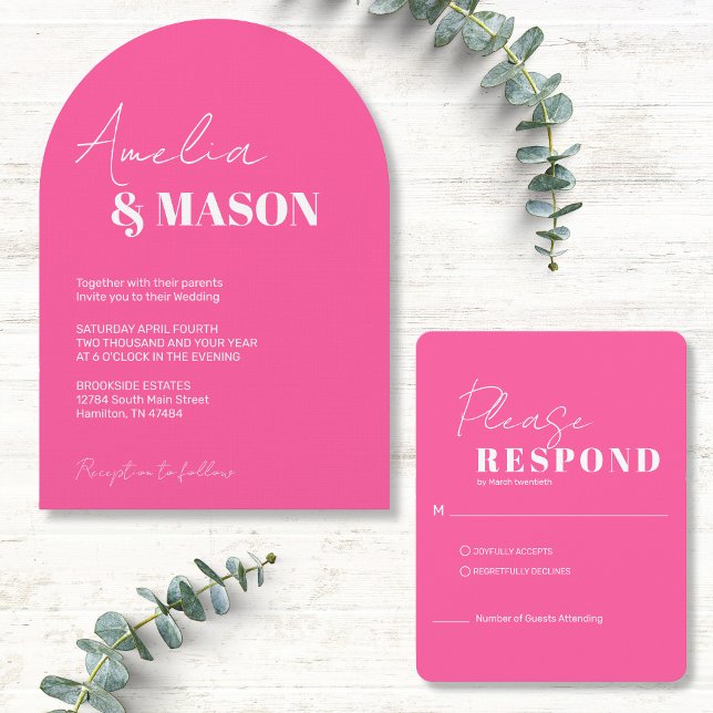 Modern minimalist het rosa och vit valvbåge bröllo inbjudningar (Modern Minimalist Hot Pink and White Arch Wedding Invitation Shown with RSVP sold separately )