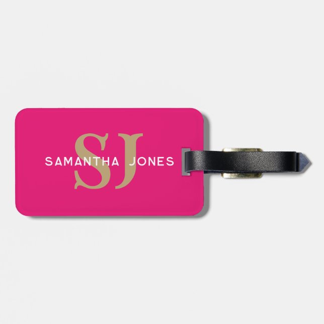 Modern Minimalist Initialer Shock rosa Monogrammed Bagagebricka (Baksida Vågrät)