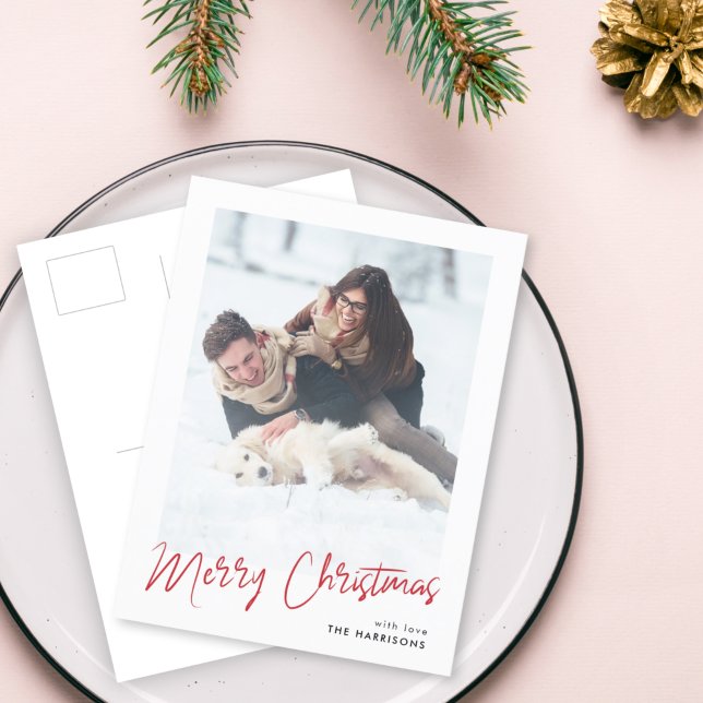 Modern minimalist | Julfoto med enkel Snyggt Helg Vykort (Share the joy with a modern handwritten Merry Christmas postcard by Guava)