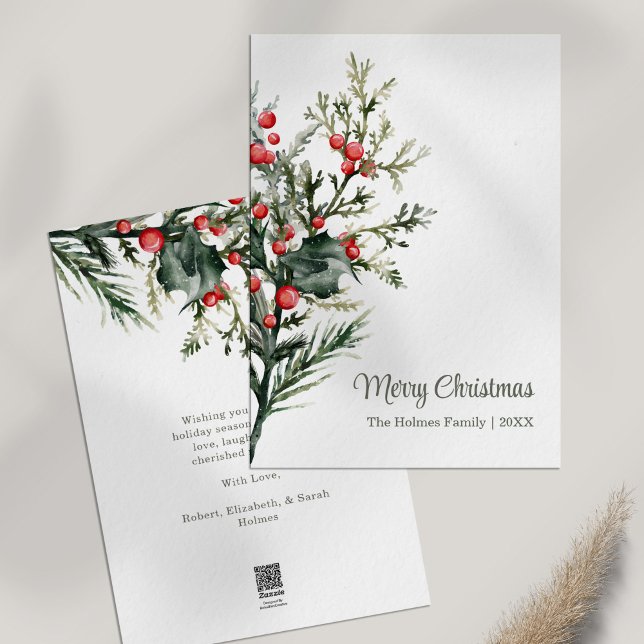 Modern minimalist julkort med mistel (Modern Minimalist Mistletoe Holiday Card on white table)