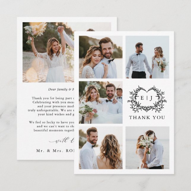 Modern minimalist kalligrafisk vapensköld monogram tack kort (Fram/baksida)