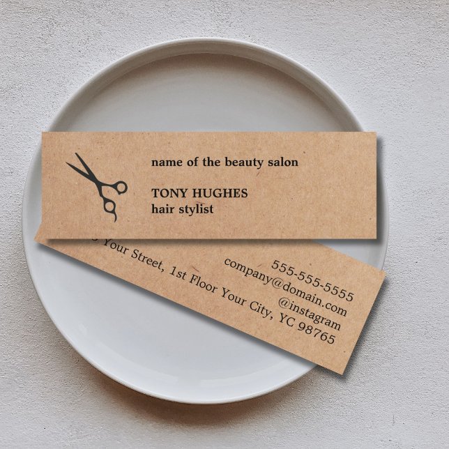 Modern minimalist Kraft Papper Black Hair Stylist Mini Visitkort (Skapare uppladdad)
