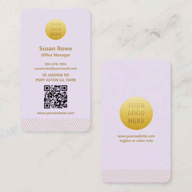 Modern Minimalist Lilac and Gold Dots QR Code Visitkort (Fram/baksida)