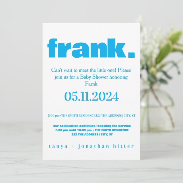 Modern minimalist ljusblå pojkbaby shower Inbjudan (Stående Fram)
