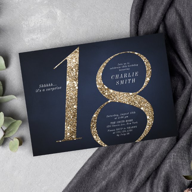 Modern minimalist marin guld glitter 18-årsdag inbjudningar (Modern minimalist navy gold glitter 18th birthday invitation)