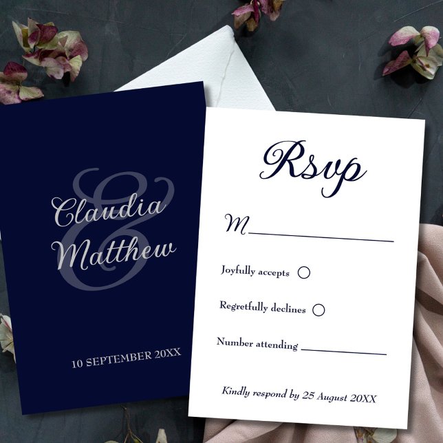 Modern minimalist marinblå och vit bröllops-RSVP OSA Kort (Modern Minimalist Navy Blue and White Wedding RSVP)
