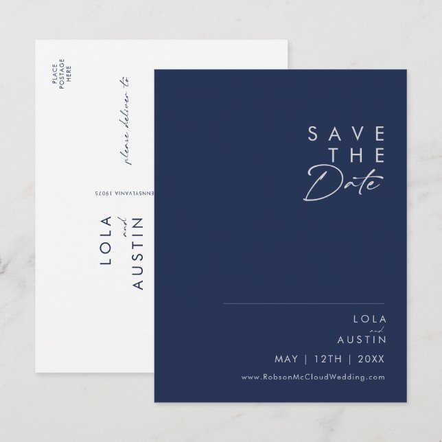 Modern minimalist marinblå | Silver Save The Date Inbjudan Vykort (Fram/baksida)