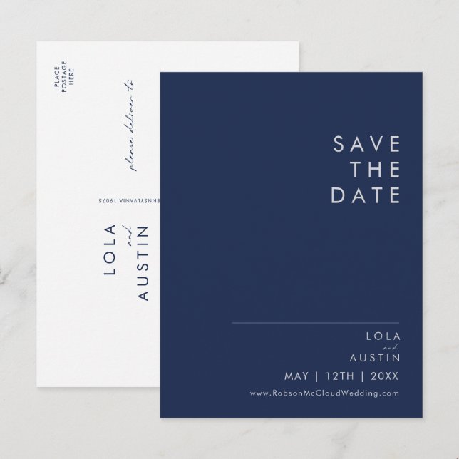 Modern minimalist marinblå | Silver Save The Date Inbjudan Vykort (Fram/baksida)