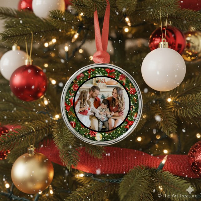 Modern Minimalist Merry Christmas Family Photo Julgransprydnad Metall (Skapare uppladdad)