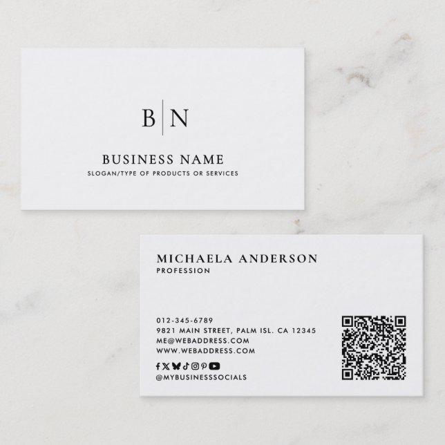 Modern minimalist monogram QR-kod & sociala medier Visitkort (Fram/baksida)