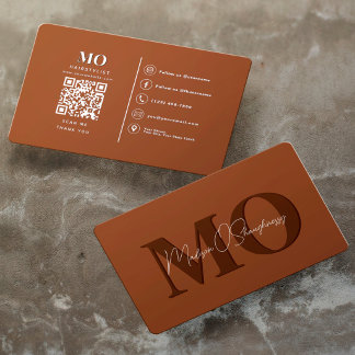 Modern minimalist monogram QR terrakotta Visitkort