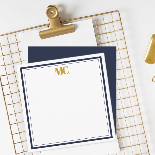 Modern minimalist monogram ram Navyblå Guld Anteckningskort (Skapare uppladdad)