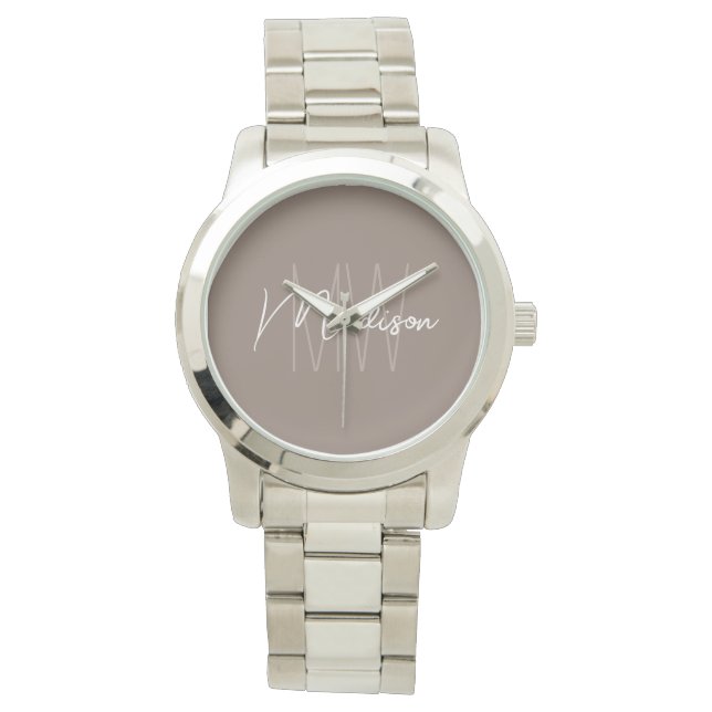 Modern minimalist monogram taupe scriptnamn armbandsur (Framsida)