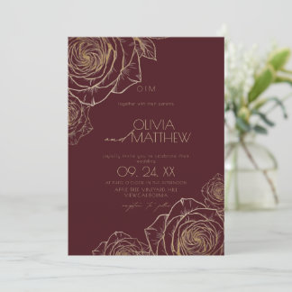 Modern minimalist mörka blommor guldros bröllop inbjudningar