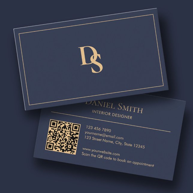 Modern minimalist mörkblå initialer QR-kod Visitkort (Modern Minimalist Dark Blue Initials QR Code Business Card)