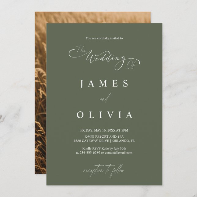 Modern Minimalist Olive Green Photo Wedding Invita Inbjudningar (Fram/baksida)