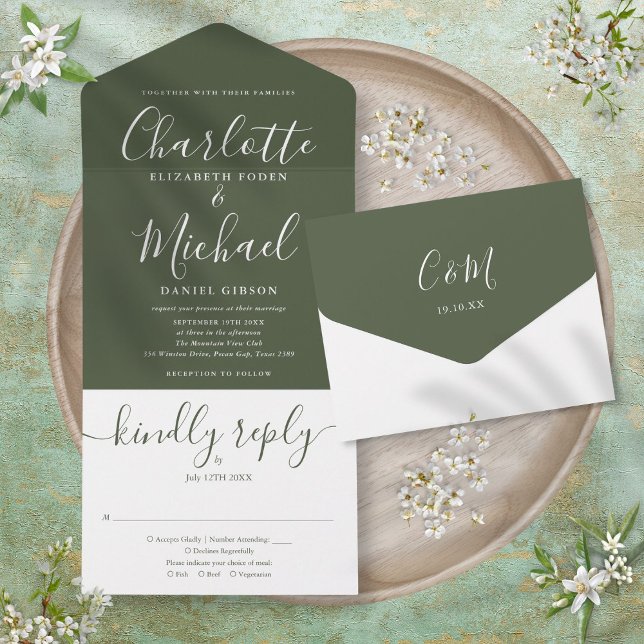 Modern minimalist olivgrön bröllopsskrift (Modern Script Minimalist Olive Green Wedding All In One Invitation)