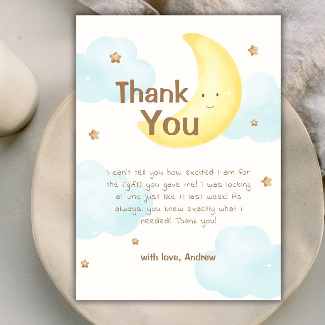 Modern minimalist över babyskusen i Måne Tack Kort (Modern Minimalist Over The Moon Baby Shower Thank You Card)