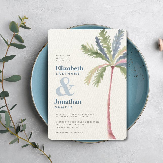 Modern minimalist palmtre-destination inbjudningar (Modern Minimalist Palm Tree Beach Wedding Invitation)