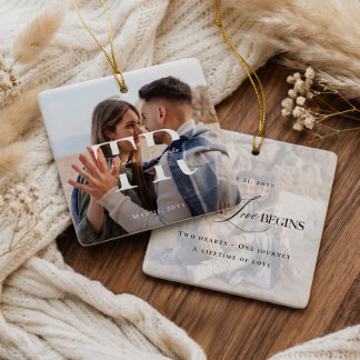 Modern minimalist par engagement foto monogram julgransprydnad keramik