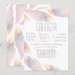 Modern minimalist persika iriserande fjäderbröllop inbjudningar