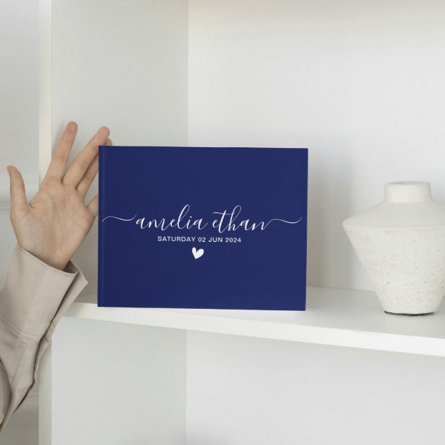 Modern minimalist personlig bröllop marinblå linne gästböcker (Modern Minimalist Personalized weddings navy linen blue simple elegant script trendy chic calligraph)